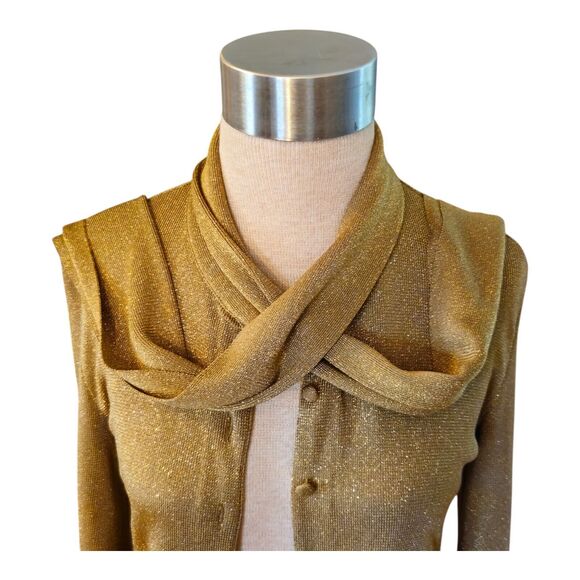 Saks Fifth Avenue Made in Italy Gold Shiny Pullover Scarf Tie Sweater Size M - Picture 3 of 8